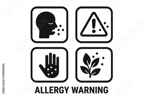 Allergy warning symbols set. Allergy caution vector icons. Allergy alert for food, plants, packaging, skin reaction, respiratory allergy, pollen, hazardous substances, vector illustration, isolated