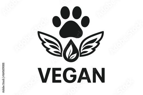 Vegan product label design. Animal paw print with leaf and droplet symbolizing cruelty-free, plant-based, organic packaging concept. Eco-friendly pet food vegan certification logo vector illustration.