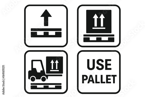 Cargo Packaging Pallet Handling Symbols Collection. Use Pallet Instructions, Forklift Loading, Arrow Orientation. Industrial Signage. Warehouse Logistics. Transportation Labeling Icons. Vector Set