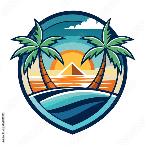 Vector art of stylized emblem of a tropical beach with palm trees, ocean waves, and a sunset, evoking a sense of summer adventure and relaxation