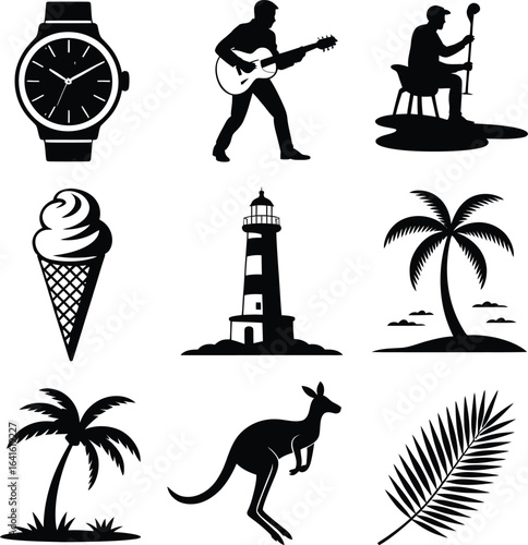 Black silhouettes of timekeeping travel music and nature elements watch timepiece