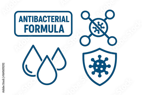 Antibacterial formula concept for product packaging, labeling design with antimicrobial molecule, test drops, protection shield, and bacteria barrier symbols, vector set illustration