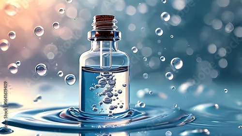 A glass bottle containing cosmetic essence with a pipette, filled with a clear liquid that has bubbles. This represents the idea of natural hydration cosmetics and skin care serums.