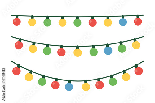 Festive Christmas string lights garland vector set. Colorful round bulb holiday decorations. Party, celebration, winter, new year, home decor. Isolated straight and curved garlands flat illustration.