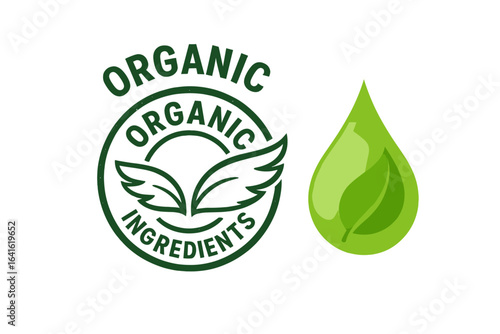 Organic ingredients product packaging concept. Vector stamp emblem with leaf wings and green drop symbol for natural, eco-friendly labeling. Pure vegan bio product certification sign design.