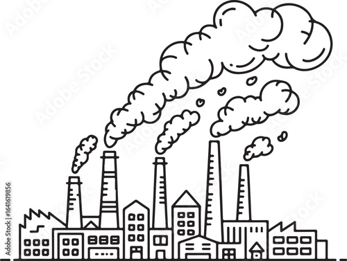 Urban Industrial Skyline with Smokestacks and Thick Smoke Black and White Line Drawing
