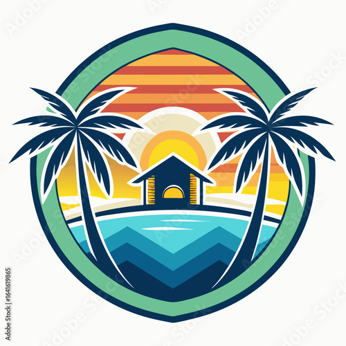 Vector art of tropical beach scene with palm trees, ocean, and a house at sunset, emblem design