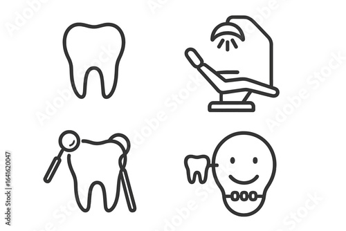 Dental care outline icon set. Tooth symbol, dental chair, oral examination, orthodontic braces, dentist office, restoration, oral hygiene, healthcare concept. Modern linear vector collection.