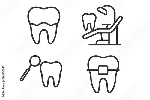Dental care vector icons set. Tooth restoration, dental chair, orthodontic braces, oral exam tools. Modern outline style. Dentist, orthodontist, dental treatment, hygiene, checkup concepts.