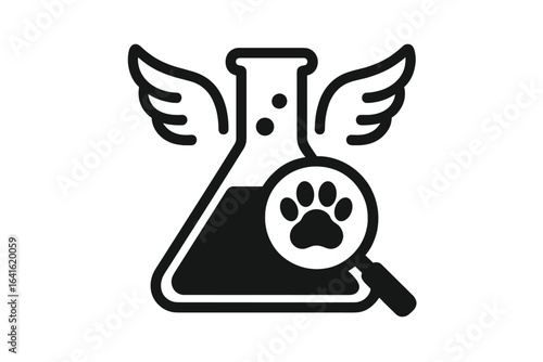 Scientific animal research freedom concept. Vector flask with wings, magnifier animal paw print, ethical testing, lab science, cruelty-free verification, innovation, animal welfare packaging icon.