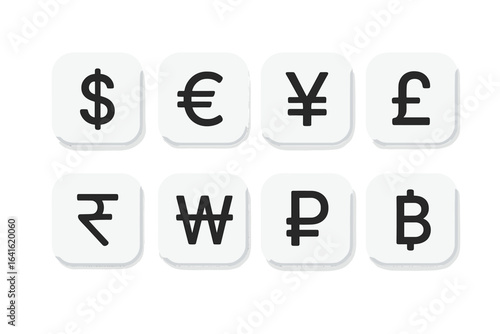 Global currency icons set for finance app, website, fintech user interface. Dollar, euro, yen, pound, rupee, won, ruble, bitcoin vector symbols for economic, payment, banking concept. Modern buttons.