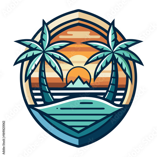 Vector art of stylized illustration of a tropical beach sunset with two palm trees and ocean waves, evoking a sense of vacation and paradise