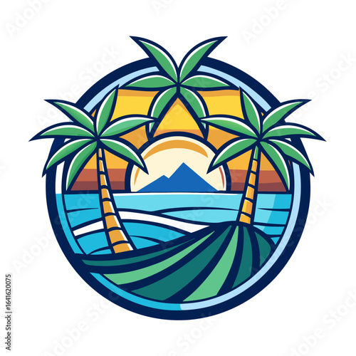 Vector art of vibrant graphic of a tropical beach scene at sunset featuring three palm trees and rolling ocean waves, perfect for travel and summer themes