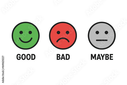 Emotion Icon Pack with Good, Bad, Maybe Faces for Evaluation and Rating, Vector Emotional Emoticons Showing Positive, Negative, Neutral Expressions, Grade Level Symbols, Transparent Background