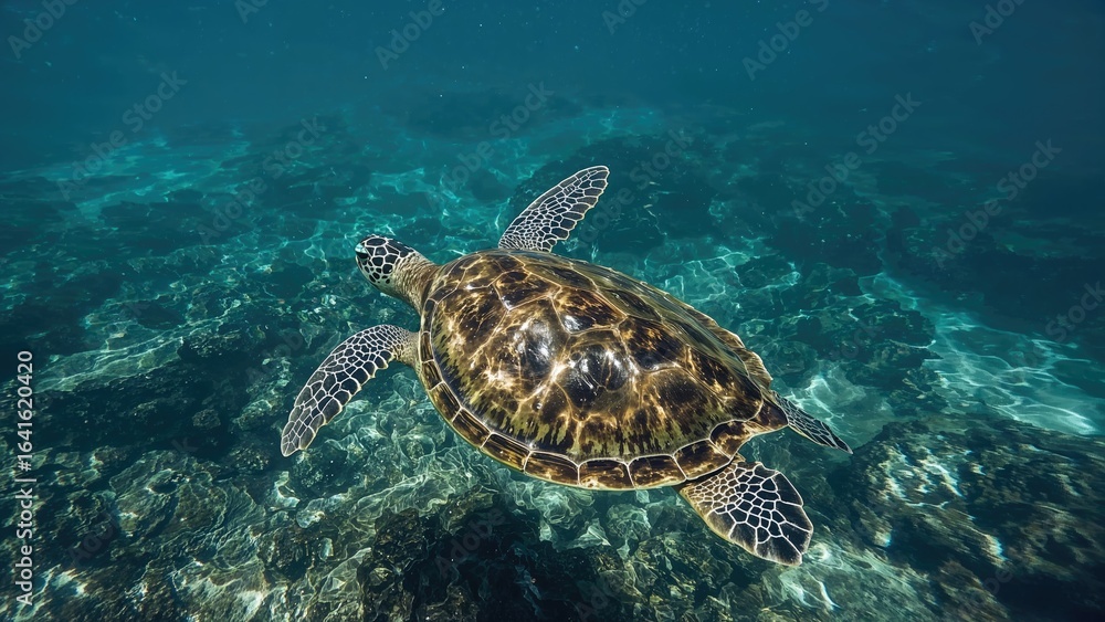 Fototapeta premium Green Sea Turtle gliding through ocean waters