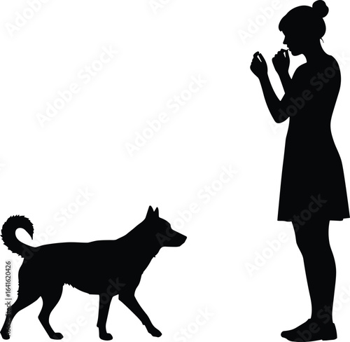 silhouette woman feeding dog, pet training concept, domestic animal care, human and canine interaction, obedience teaching, friendship bond, black vector design