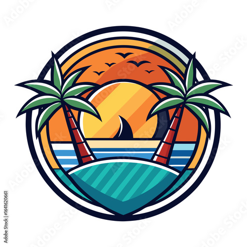 Vector art of tropical island beach sunset with palm trees and a shark fin in the ocean, evoking a sense of summer vacation and adventure
