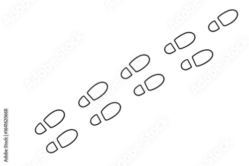 Human shoe footprint trail seamless pattern. Isolated black outline tracks. Linear path walking, hiking or travel concept. Transparent vector illustration. Pathway signs, direction footsteps clipart.
