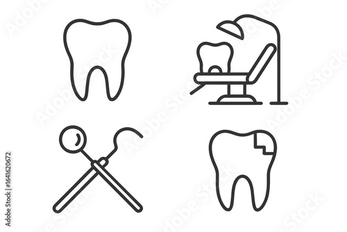 Linear outline dentistry icons set. Tooth anatomy, dental chair, dental tools, cavity restoration. Oral care, stomatology concept. Dentist, orthodontist, treatment. Dental health vector illustration.