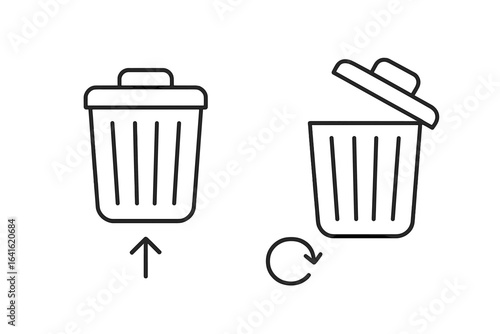 Flat linear design trash can isolated icons, black and white open and closed trash bin symbols, add to trash and restore data recycle concept, vector illustration