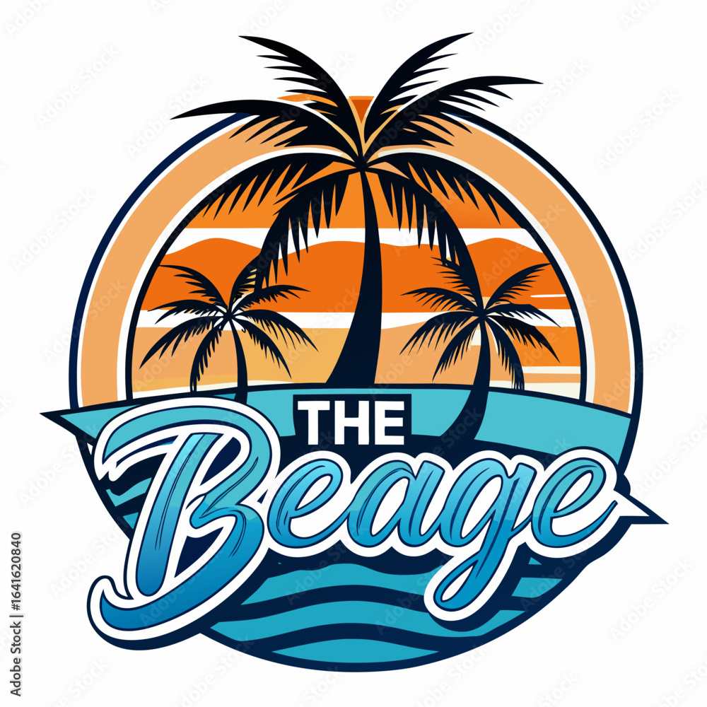Fototapeta premium Vector art of the beage logo with multiple palm trees at sunset over the ocean, a circular design element evoking a tropical beach vacation and seaside adventure