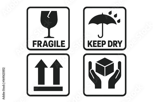 Fragile package handling icon set, handle with care logistics, shipping labels, fragile box sign, keep dry umbrella, cargo warning symbols, parcel protection vector, delivery package safety