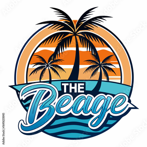 Vector art of the beage logo with multiple palm trees at sunset over the ocean, a circular design element evoking a tropical beach vacation and seaside adventure