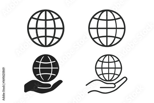 Globe icon set with web globe flat linear and silhouette styles, featuring globe with meridians held by hand, vector design elements, modern transparent background illustration