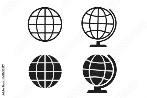 Global Sphere Icon Set for Web and Graphic Design. Modern Silhouette Globe Collection with Meridians, Flat Linear Vector Elements, Educational and Technology Concepts, Isolated Transparent Background