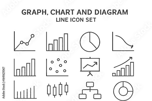 Line icon set of graphs, charts, and diagrams for business and finance, static analytical economic charts in linear style, vector outline icons for web design and data visualization