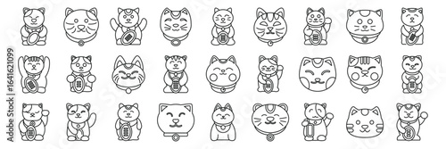 Maneki icons set. Collection of japanese lucky cats holding koban coins and waving paws, bringing wealth and prosperity
