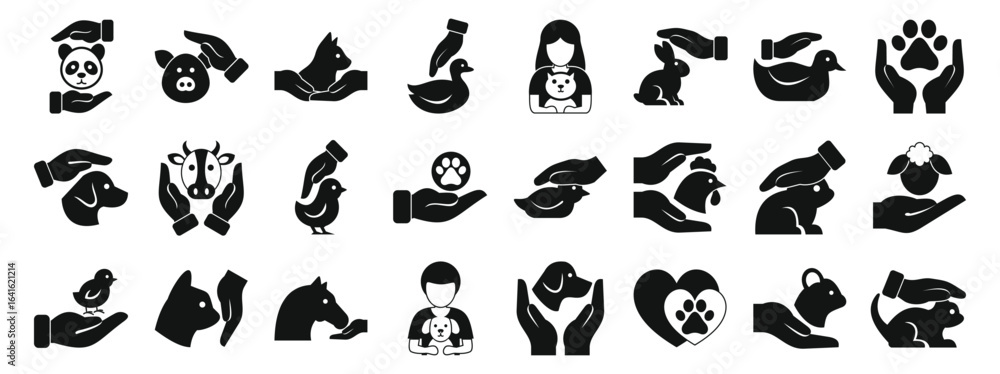 Naklejka premium Animal welfare icons set. Protecting various animals symbolizing animal welfare, conservation, and care for pets and wildlife