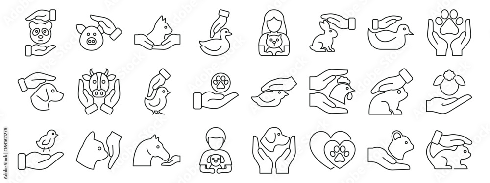 Fototapeta premium Animal welfare icons set. Protecting pets and farm animals, hands demonstrating care, love, and providing shelter
