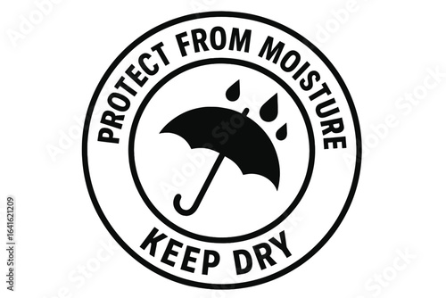 Protect from Moisture Keep Dry Packaging Label Vector – Rain Umbrella Icon with Water Drops in Circular Stamp for Product Safety, Shipping Mark, Logistic Handling Concept, Fragile Goods, Stock Symbol