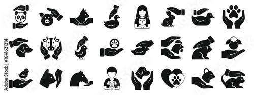 Animal welfare icons set. Protecting various animals symbolizing animal welfare, conservation, and care for pets and wildlife