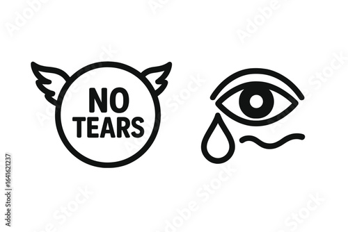 No tears packaging symbol, conceptual product labeling mark, winged brand logo for gentle formula, free from irritants, safe for eyes, crying teardrop icon, flowing line, non-irritating design