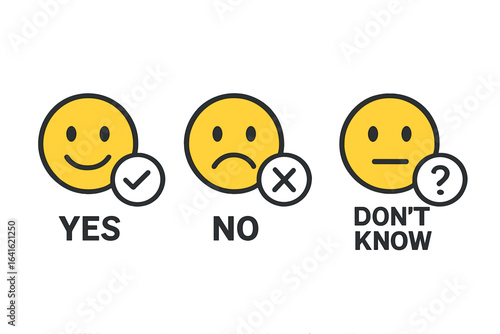 Customer feedback survey emoji icons set. Vector emotional smiley faces for voting: yes, no, don't know. Evaluation symbols. Happy, sad, neutral emoticons. Rating approval. Decision making concept.
