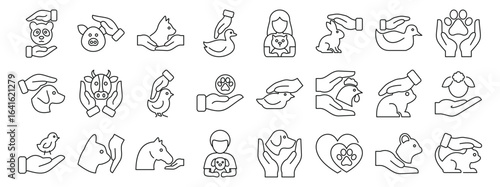 Animal welfare icons set. Protecting pets and farm animals, hands demonstrating care, love, and providing shelter