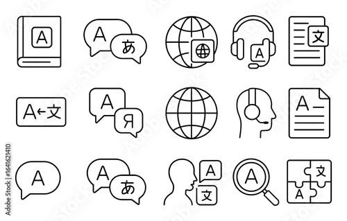 Language translation icons in linear style for communication services