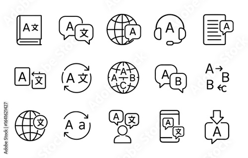 Language translation icons set: modern line design for apps and web