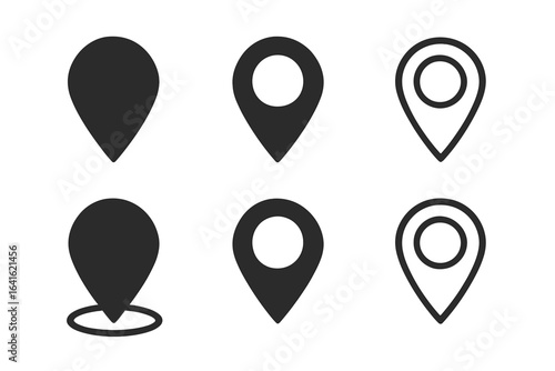 Location pin icons set. Map pointer markers. GPS navigation icon collection. Geolocation symbols. Black silhouette vector. Journey, travel, route destination, wayfinding. Modern minimal illustration.