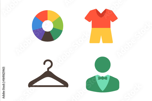 Fashion Icon Set. Color Wheel, Wardrobe Hanger, Outfit Sample, Style Avatar. Modern Lifestyle and Clothing Symbols. Trendy Color Palette, Garment Choices, Dressing Room Concept, Vector Illustration.