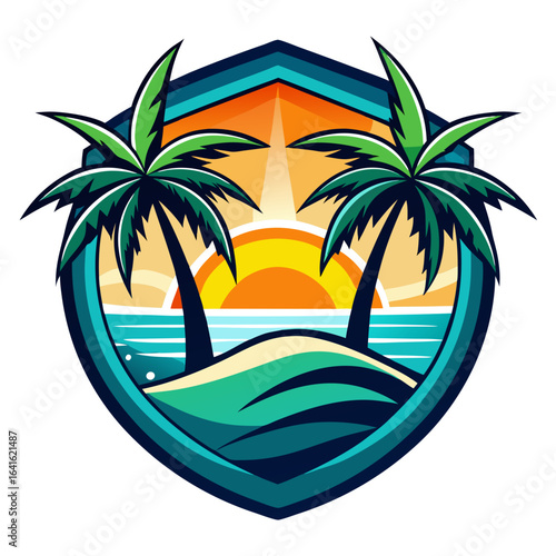 Vector art of tropical island beach scene with palm trees and ocean waves at sunset, depicted in a stylized shield emblem