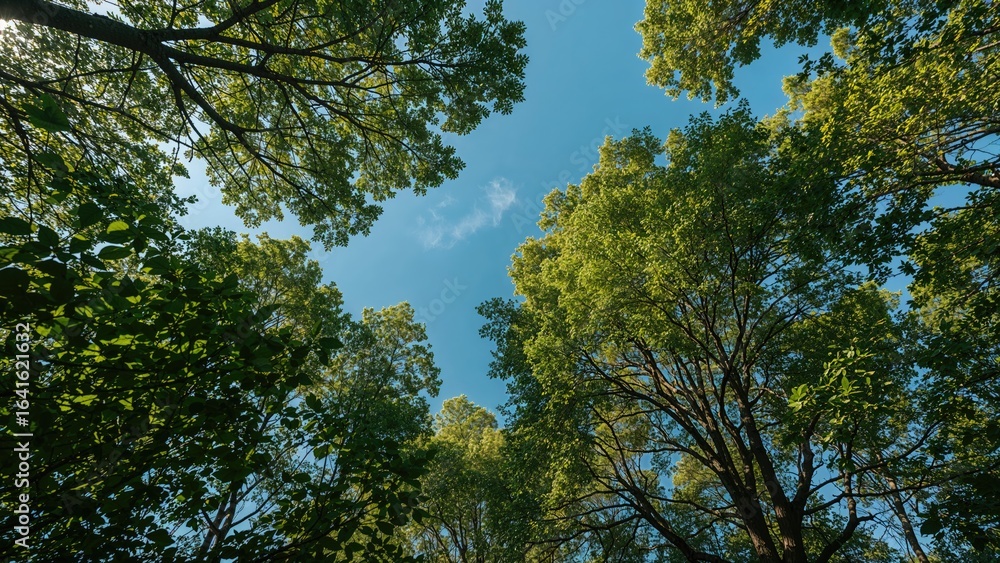 Obraz premium Green treetops viewed from the ground looking upward