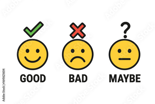 Feedback emoticons icon set. Good, bad, maybe choice. Customer review and satisfaction rating. Smiley face vote for survey. Yes, no, neutral evaluation symbols. Vector.