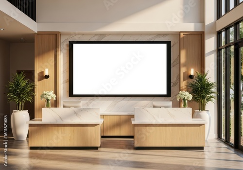 Modern lobby with seating  large screen  and decorative plants.
