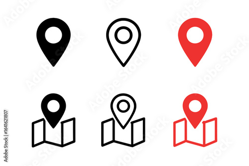 Set of GPS map location icons with black, outline, and red pin markers on transparent background, isolated vector illustration for navigation, travel, and geolocation