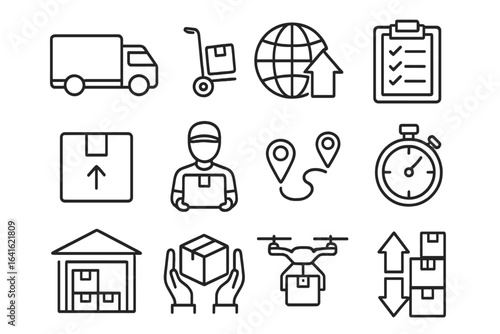 Delivery logistics and cargo transportation line icon set. Vector pack with courier, warehouse, truck, parcel, drone, fast shipping, route, checklists. Modern outline shipping logistics concept.