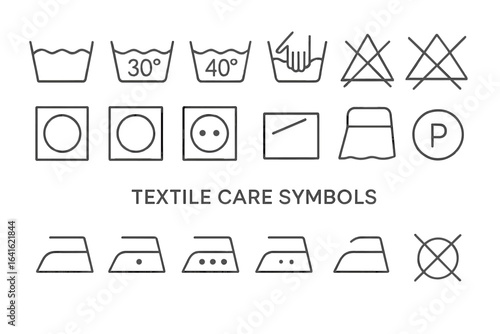 Textile care symbols set. Laundry, washing, ironing, drying, bleaching, professional cleaning icon collection. Garment label marks. Clothing care instructions. Vector illustration for textiles.