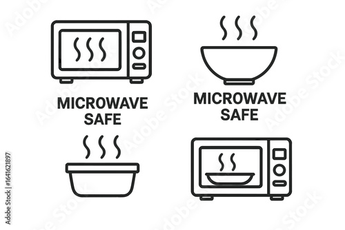 Microwave Safe Symbols Set. Linear Icon Collection for Kitchen Appliance Safety. Food Container and Bowl Approved for Microwave Use. Plastic Utensil Heating Suitability Labels. Cooking Equipment Sign